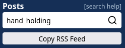 screenshot of the e621 search box from the search results page on the site. in the search box, "hand holding&quot has been typed in. underneath, a button reading "Copy RSS Feed" is present.